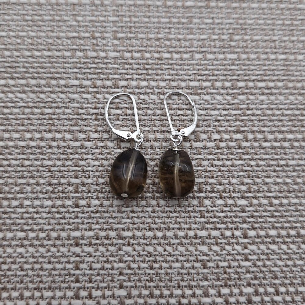Sterling Silver Smokey Quartz Stone Dangle Earrings A3503